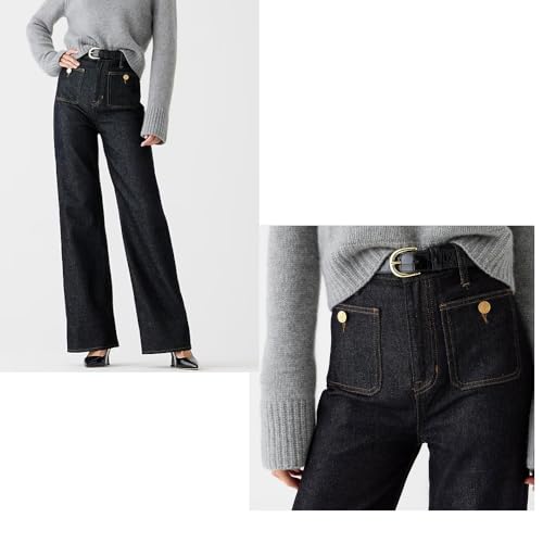 Tummy Control High Waisted Wide Leg Jeans for Women - Sailor Style Stretchy Denim Pants, Straight Fit 6