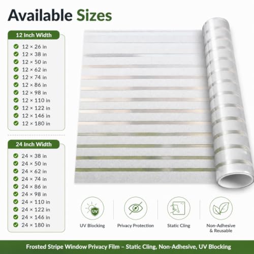 Image of Self Adhesive Window Privacy Film for Glass Windows & Doors | UV Blocking, Heat & Glare Reduction | Decorative Frosted Glass Film Easy to Apply (Frosted White Stripe, 24X74 Inch)