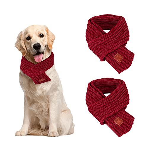 SlowTon Dog Knitted Scarf, 2 Pack Dog Warm Bandanas, Winter Holiday Decoration Scarf for Small Medium Large Dogs (Red,Red)