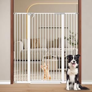 Fairy Baby 51.18″ Extra Tall Cat Pet Gate, 48.5″-56.2″ Extra Wide Long Dog Gate for The House, Doorways, Hallways, Metal Large Pet Barrier Fence Indoor Kids Toddlers Gate Auto Close No Climb, White