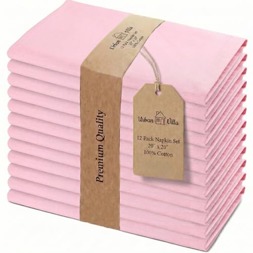 Urban Villa Cloth Napkins 100% Cotton Highly Absorbent Washable Durable Reusable Premium Dinner Napkins Ideal for Gifts for Mothers Day Hotel Farmhouse Parties - Pink (20" x 20", Set of 12)
