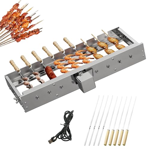 Elektrischer Drehspieß 50 cm Grillspießdreher Edelstahl Mit USB Motor 5 U/Min 9 Loch Schaschlik Drehspieß Aufsatz Mit 9 Spießen 16-28cm Verstellbare Breite Grillzubehör für Garten Grill Grillzubehör