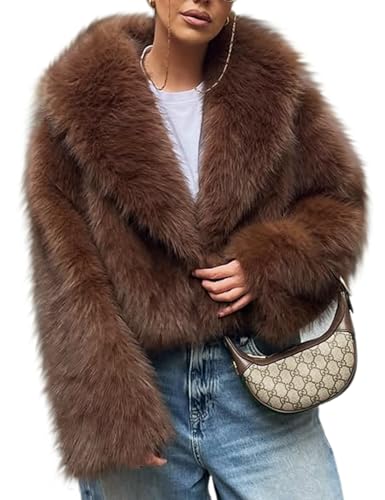 Arssm Women Fluffy Faux Fur Coat Long Sleeve Open-Front Winter Cropped Coat Short Fur Fuzzy Jacket(Brown-S)