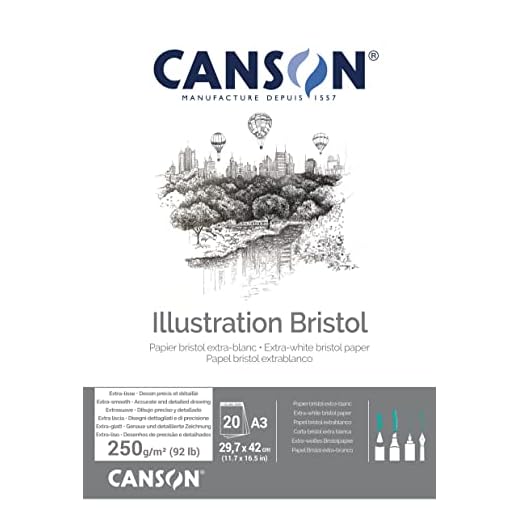 CANSON Illustration Bristol, extra glattes, satiniertes Papier, 250 g/m², an der kurzen Seite geleimter Block, DIN A3, 29,7 x 42 cm, Extraweiß, 20 Blatt