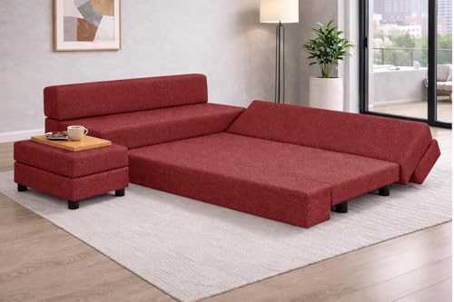 Image of Rosebell 3+2 Convertible Leg Sofa Cum Bed Set with Ottoman Jute Fabric Foldable Modular Seating & Sleeper Space Saving Living Room Furniture - Red Color