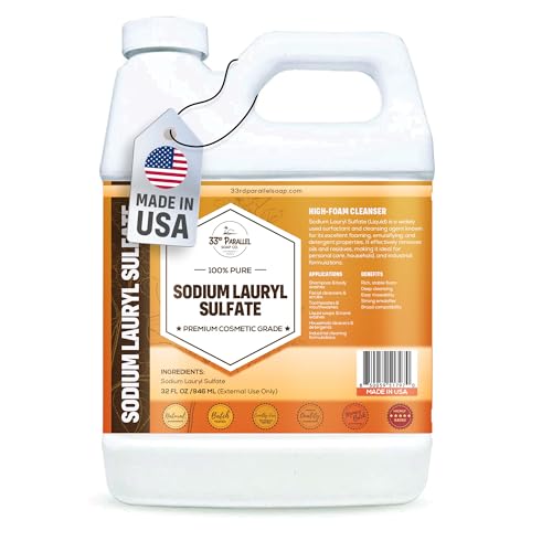 33RD PARALLEL SOAP CO. Sodium Lauryl Sulfate (SLS) Liquid (32oz) | Powerful Foaming Cleanser & Emulsifier for Shampoos Body Wash Soaps Detergents & Household Cleaning Products | 32 OUNCES