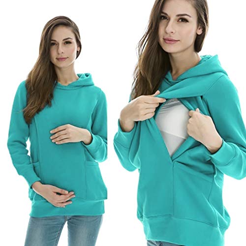 Riou Umstandsmode Damen Pullover Winter Warm Baumwolle Langarm Einfarbig Zweilagiges Stillen Hoodie Sweatshirt mit Taschen für Schwangerschaft Basic Stillzeit Stillpullover (Grün, S) Cover