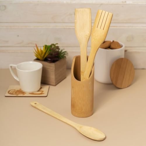 Kit Utensílio De Bambu 5 Peças 29cm Com Suporte Em Madeira Para Cozinha Conjunto De Peças Versáteis