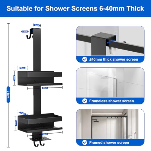 Laimew Duschablage ohne Bohren Badezimmer Organizer, Badregal Duschregal ohne Bohren, Duschablage zum Hängen für Glasduschtüren, Duschregal zum Hängen Shampoo Halterung für Dusche,Badezimmer Regal
