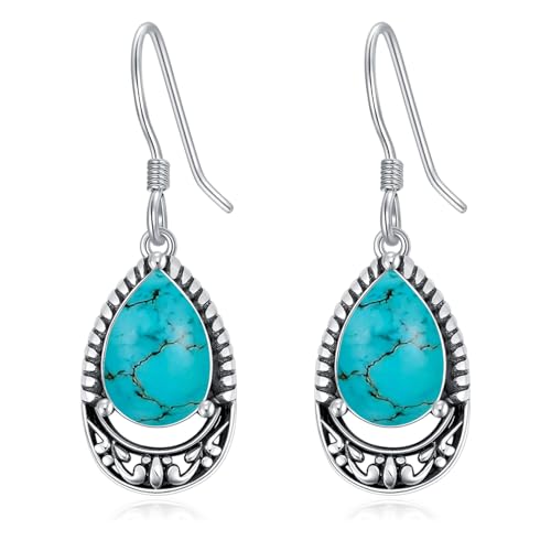 Teardrop Turquoise Earrings for Women, Sterling Silver Antique Dangle Earrings,