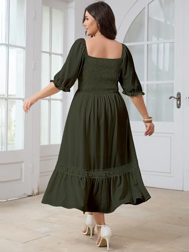 Image of SCOMCHIC Women's Plus Size Boho Maxi Dress Short Sleeve Square Neck Smocked Flowy A-Line Lace Trim Wedding Guest Dresses