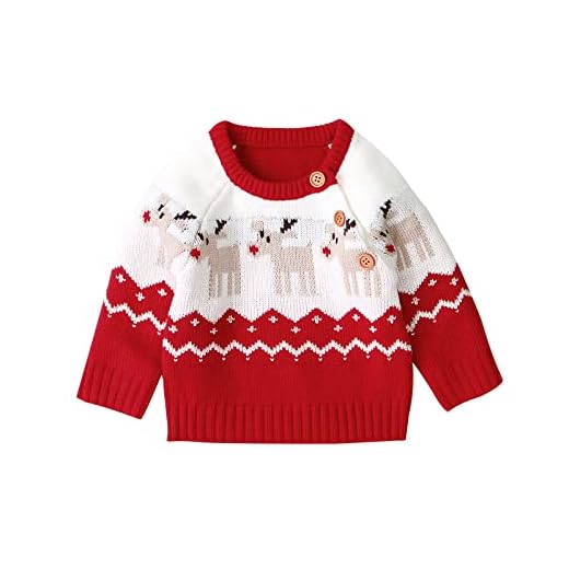 Bebé Suéter de Navidad para Recién Nacido Jersey Navideño de Manga Larga con Patrones de Reno Pullover Camiseta de Punto con Cuello Redondo de Botones para Niño Niña Unisex (Rojo, 12-18 Meses)