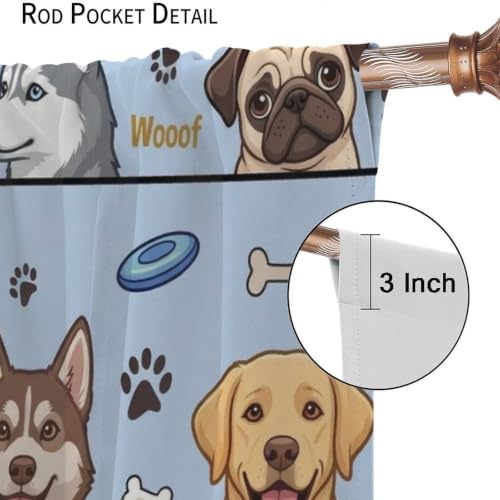 ICMOLYYENLO Blue Cartoon Dog Curtains for Kids Room Cute Puppy Breeds Paw Print Window Drapes, Pet Theme Nursery Boys Bedroom Decor 42x45 Inch — view 6