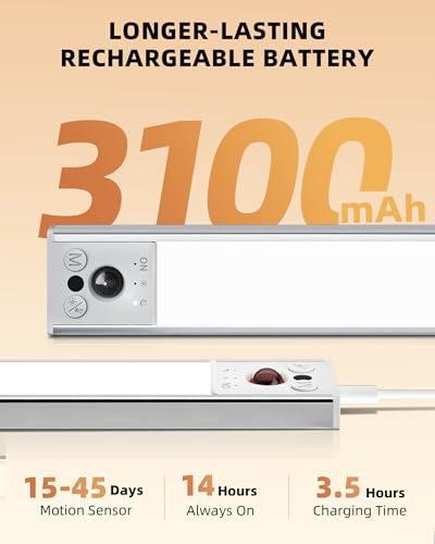 Image of EZVALO 12inch Under Cabinet Lighting, 2 Pack 3100mAh Rechargeable Wireless Motion Sensor Lights Indoor, Dimmable Magnetic Closet Lights, Under Counter Lights for Kitchen, Pantry, Stairs