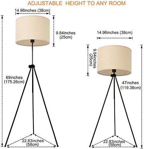 Modern LED Tripod Floor Lamps for Living Room, Bedroom, Mid Century Standing Design Light with Metal Legs, Adjustable Contemporary Tall Lamp for Office, Kids Room-White Shade