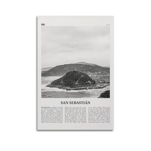 Póster de San Sebastián, paisaje blanco y negro, arte de pared de San Sebastián, póster de San Sebastián, Donostia, País Vasco, España, Europa, lienzo decorativo para sala de estar, dormitorio