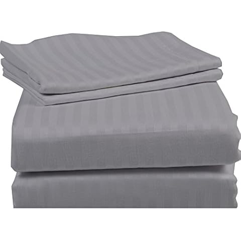 100% Egyptian Cotton Bedding Collection sheet Set (1 PC Flat Sheet, 1 PC Fitted Sheet & 2 PC Pillowcases) Fits upto 10 Inches Deep Pocket 600 Thread Count Stripe Pattern (Twin XXL, Silver Grey) Cover