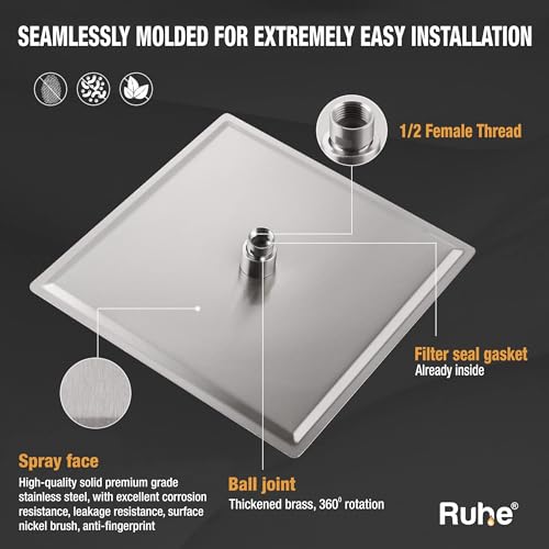 Image of Ruhe Ultra Sleek 304-Grade Stainless Steel Overhead Shower with Chrome Finish| 4x4 Inches Rain Shower for Bathrooms| Powerful Square Showerhead with Easy-to-Clean Silicone Nozzles| WITHOUT SHOWER ARM