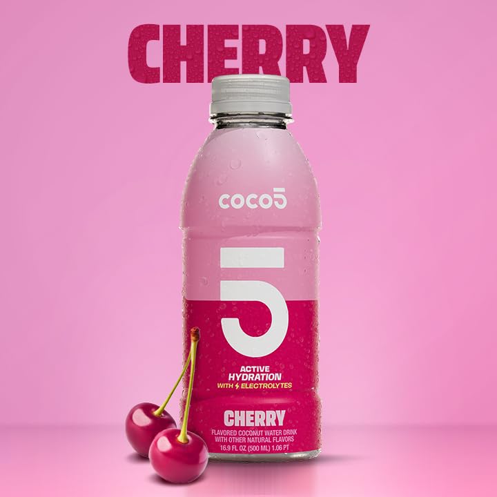 Coco5 Clean Sports Hydration Cherry Flavor | 100% Natural | 50% Less Sugar | Nothing Artificial | Non-GMO | Gluten Free | Developed by Pro Trainers for Pro Athletes | 16.9 OZ (Pack - 12)