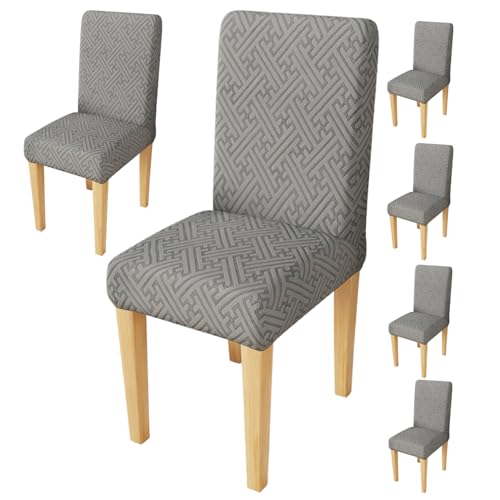 Image of Lukzer Elastic Dining Chair Cover - 6PC Pastel Dark Grey Grid Maze | Textured High Stretch Jacquard Seat Cover | Removable Washable Short Dining Chair Cover Protector Seat Slipcover | (CC-104-6)