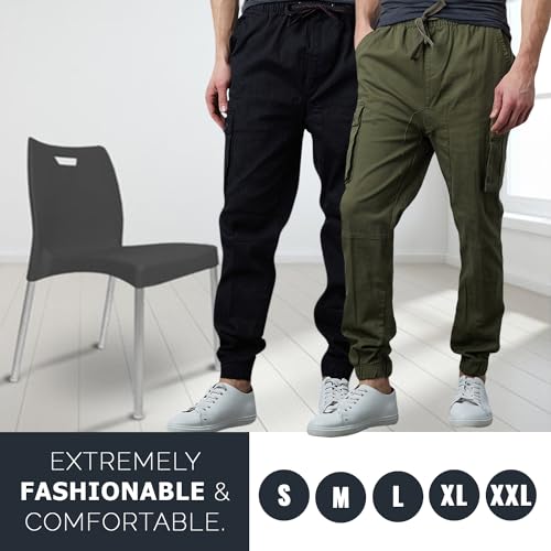 Men's Cotton Twill Cargo Joggers, Multi Pocket, Drawstring Joggers Stretch Pant for Casual, Lounging and Outdoor, 2 Pack3