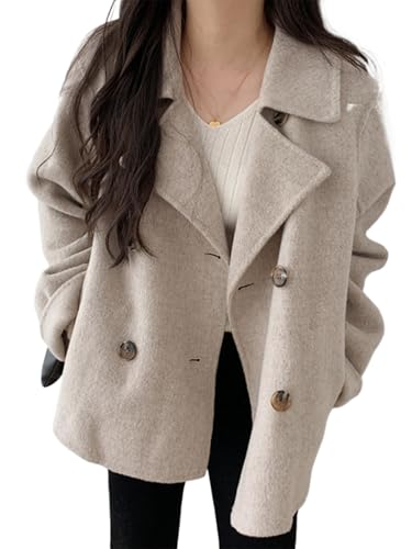 Image of IDEALSANXUN Wool Coats for Women 2025 Fall Jackets Winter Casual Cropped Oversized Peacoat Tweed Blazer Trench Coat, Khaki, S