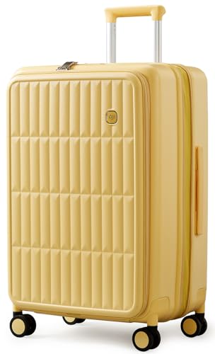 aji Expandable Top Open 24 Inch Checked Luggage with Spinner Wheels, Large Suitcase with TSA Lock, Hardside Travel Luggage Suitcases for Men Women, for 14+Days Travel, Cheese Yellow