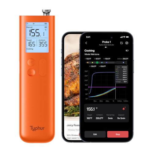 Typhur Sync Gold Wireless Meat Thermometer, Enhanced 10X Sub-1G Signal and Stability, WiFi Unlimited Range, 6 Sensors, Bluetooth Meat Thermometer for BBQ, Oven, Smoker, Grill, Air Fryer, Orange, Gen2