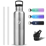 Grsta Botella Agua Acero Inoxidable, Sin BPA Botella Termica 1 litro a Prueba de Fugas, Termo con Pajita y Filtro, Reutilizable Cantimplora Termica con 2 Tapones para Oficina, Cámping, Senderismo