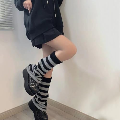 Y2K Kawaii Leg Warmers, Women's & Girls' Striped Knit Socks, One Size Fits Most, Black & Gray Stripes Flared, Casual4