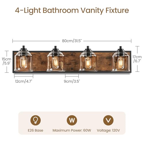 Image of 4-Light Bathroom Fixture, 31.5 inch Large Farmhouse Vanity Light, E26 Base (Bulbs Not Included), Thickened Glass Shade, for Bathroom, Bedroom, Vanity, Hallway, Rustic Brown and Black F18BD05