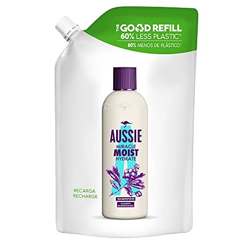 Aussie Miracle Moist Champú Recambio Good Refill Con Un 60% Menos De Plástico, Para Pelo Seco, Dañado Y Muy Sediento, 480 ml