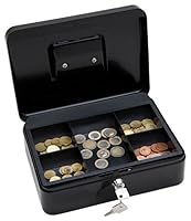 Wedo 145321X Geldkassette (aus pulverbeschichtetem Stahl, versenkbarer Griff, 5-Fächer-Münzeinsatz, Sicherheits-Zylinderschloss, 25 x 18 x 9 cm) schwarz