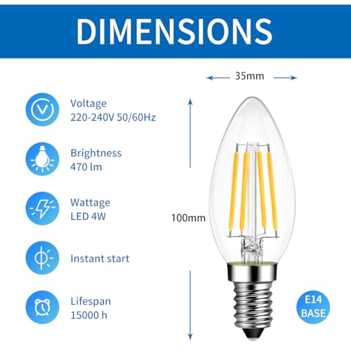 ANWIO E14 Kerze LED Lampe für Kronleuchter, 4W Ersetzt 40W Glühbirne, 470 Lumen Leuchtmittel, Warmweiß 2700K, Filament Fadenlampe, Glas, nicht dimmbar (12er Pack) – Bild 3