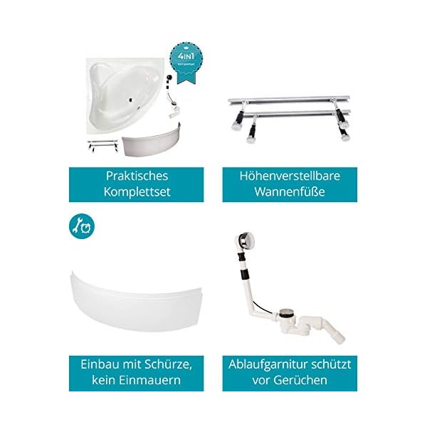 Calmwaters® Eckbadewanne Komplettset 140x140 cm mit Schürze, Wannenfüßen & Ablaufgarnitur, Acrylwanne Original, Duowanne für 2, Set Badewanne komplett, Duo-Badewanne 140 x 140 cm, Weiß, 99000090 – Bild 5
