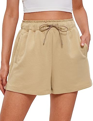 CRZ YOGA Comfy Cotton Sweat Shorts for Women Casual Summer Drawstring Gym Lounge Shorts Workout Jersey Shorts with Pockets