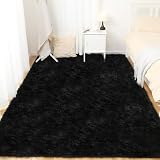 Puremy Tapis de salon shaggy à poils longs et moelleux   Moderne et doux   Pour couloir, lit, décoration, chambre à coucher, chambre d'enfant   80 x 150 cm   Noir