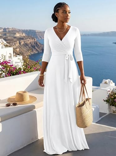 Image of PinkPatty Plus Size Maxi Dresses for Women Casual Flowy Long Dress 3 /4 Sleeve V Neck Wrap Dress with Belt