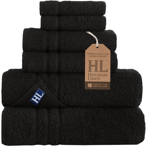 Image of Hawmam Linen Black 6 Piece Bath Towels Set for Bathroom Original Turkish Cotton Soft, Absorbent and Premium 2 Bath Towels, 2 Hand Towels, 2 Washcloths