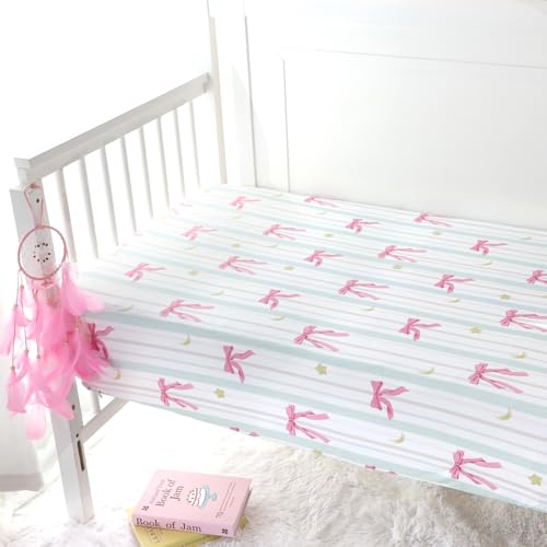 Image of Crib Sheet for Baby Girls Boys, Fitted Crib Sheet Neutral for Standard Crib and Toddler Mattress, Soft and Comfortable Microfiber Baby Mattress Sheet 52 inch X 28 inch Line Bow