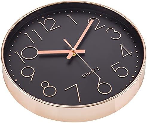 Silent Wall Clock, LENAUQ 12 Inch Battery Operated Non-ticking Arabic Numeral Clock, Round Decorative Clock for Home Kitchen Cafe Hotel Office Decor(Black-Rose Gold)