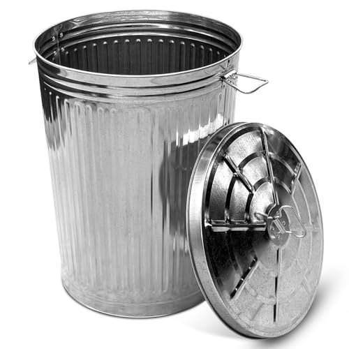 Plexon 20 Gallon Metal Trash Can with Lid Outdoor Large Trash Bin Galvanized Steel Garbage Can for Farm Garage Patio Ash Bucket Bird Seed Storage Can Heavy Duty Round Container Silver