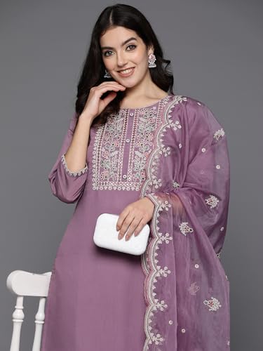 Image of INDO ERA Women's Silk Blend Embroidered Straight Kurta & Pant with Dupatta Set (SHUTR7630)