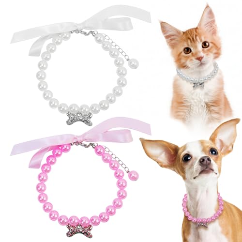 Dog Cat Pearl Collar Necklace with Shiny Rhinestones, Elegant Ribbon Bow and Oversized White Pearl Dog Collar for Female Dogs and Cats, Wedding Party Pet Jewelry Accessories (White and Pink)