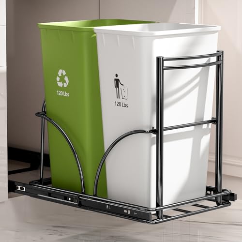 Dual Trash Can Pull Out Under Kitchen Sink Counter, NO CAN, Slider for Double 35Qt Bins(7-9 Gal), Recycling Bin & Garbage Can Pullout Kit, Quiet Close Sturdy Shelf, Requires Cabinet ≥16″W*17″H*23″D
