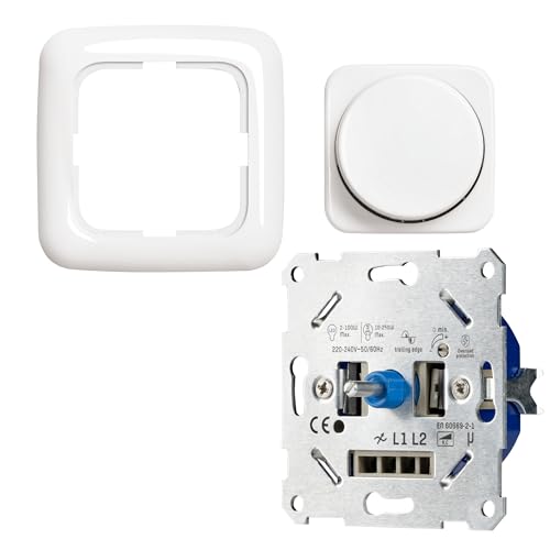 proventa LED Dimmer Unterputz 250W -> Komplettset mit Busch-Jaeger Reflex-SI alpinweiss <- LED Drehdimmer für LED & Halogen - Phasenabschnitt - 2-Draht Technik