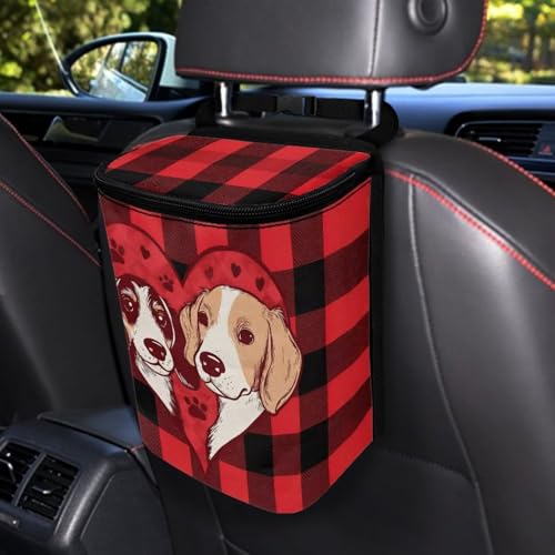 Image of Talayituse Dog Paw Scottish Tartan Print Car Trash Can with Lid, Leak Proof Auto Trash Bag Hanging Vehicle Garbage Can Multipurpose Storage Container for Back Seat Road Trip
