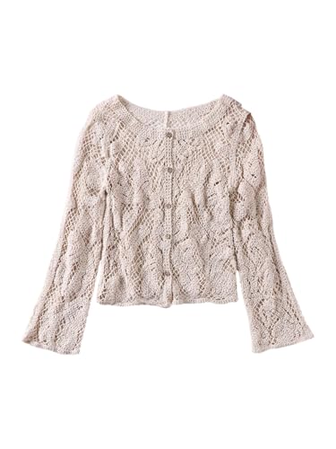 GORGLITTER Women's Hollow Out Crochet Cardigans Button Up Lightweight Long Sleeve Scoop Neck Fall Trendy Knitwear