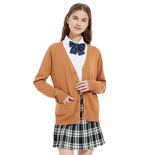 Image of Blostirno Women's Cardigan School Uniform Sweater Cardigans V-Neck Long Sleeve Button Down Knit with Pockets