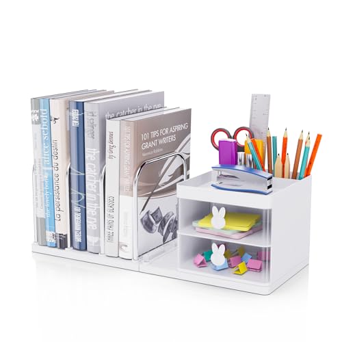 ECBEITF Détachable Organiseur de Bureau avec Tiroir et Porte Documents, Multifonctionel Rangement Bureau Organisateur Blanc avec 2 Porte Crayons pour la Maison, le Bureau et l'école